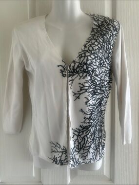 Cyrus White Cardigan with Navy Branch Embroidery